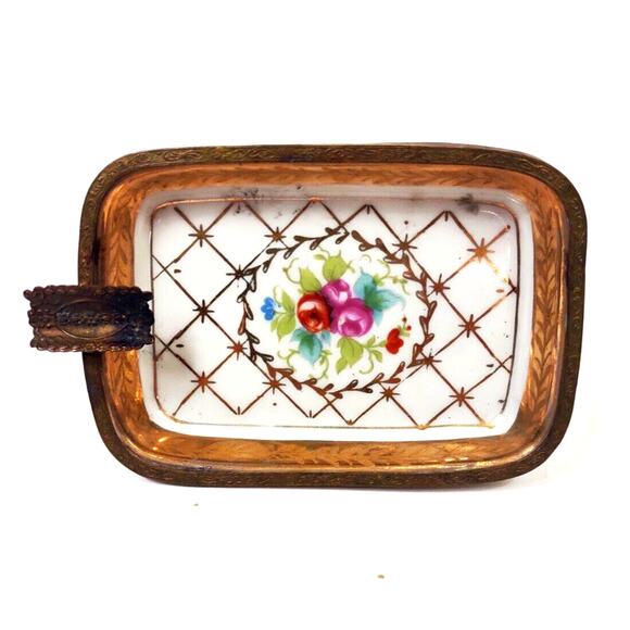 Antique Porcelain Germany Kalk Crossed Arrows Mark Gilt Ashtray Hand Painted - Picture 3 of 8